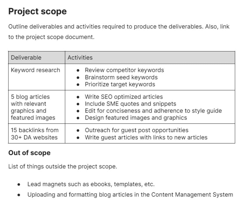 Sample project scope for a content marketing campaign