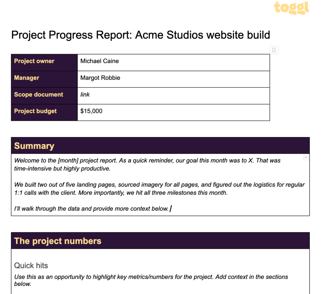Project progress report template