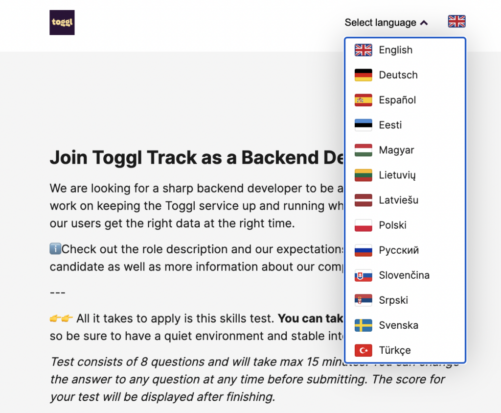 Toggl Hire candidate interface with different languages for custom tests