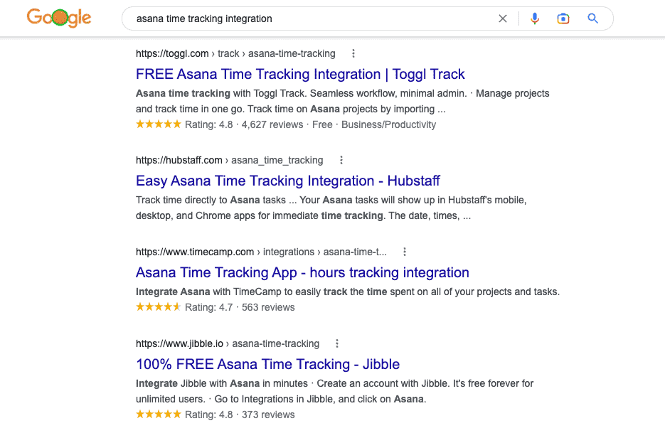 Screenshot of Google search results for asana time tracking integration