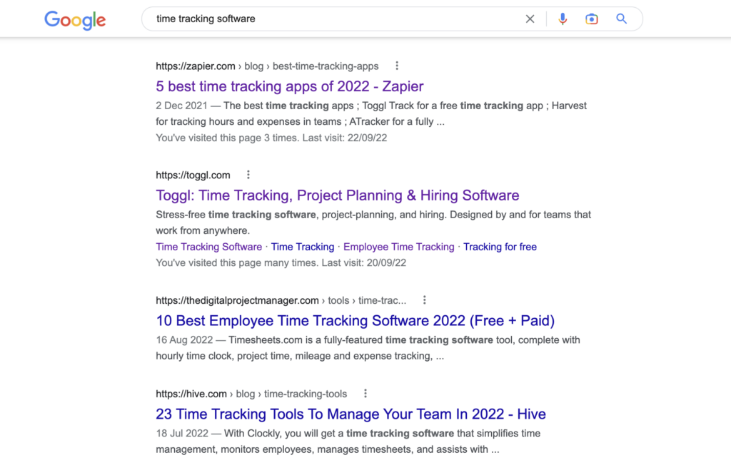 Screenshot of Google search results for 'time tracking software'