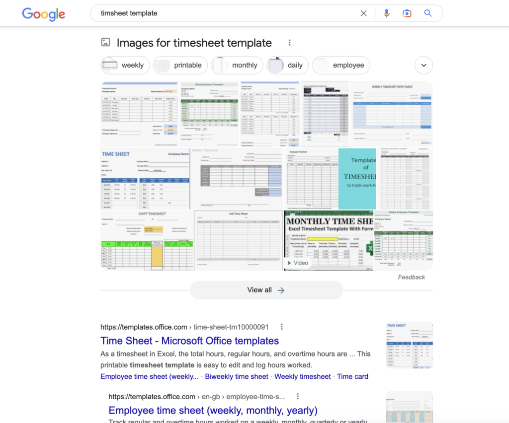 Screenshot of Google search results for 'timesheet templates'