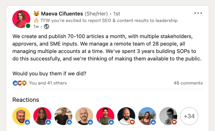 Screenshot of Linkedin post by Maeva Cifuentes discussing SOPs