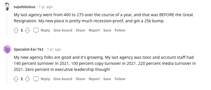 Screenshot of a Reddit thread about agency high turnover rates