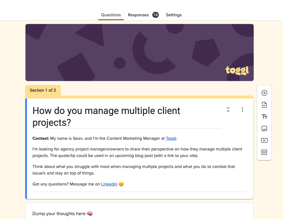 Screenshot of a Toggl survey asking people how do they manage multiple client projects