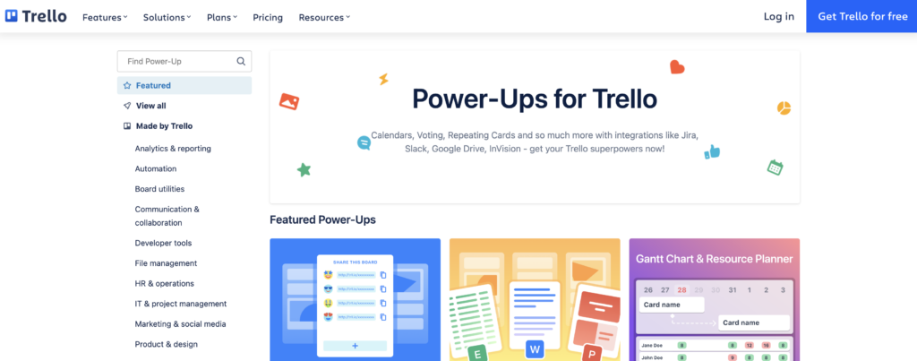 Screenshot of Trello Power Ups page