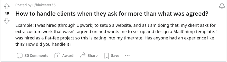 Screenshot Reddit thread about dealing with work outside of project scope