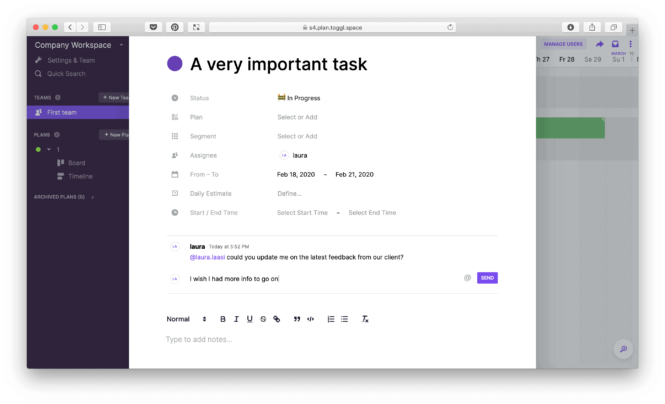 Communicate Faster with Comments & Mentions in Toggl Plan