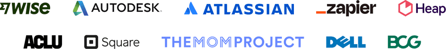 Company logos: Wise, ACLU, Atlassian, Zapier, Heap Analytics, Square, The Mom Project, Dell, BCG, Autodesk