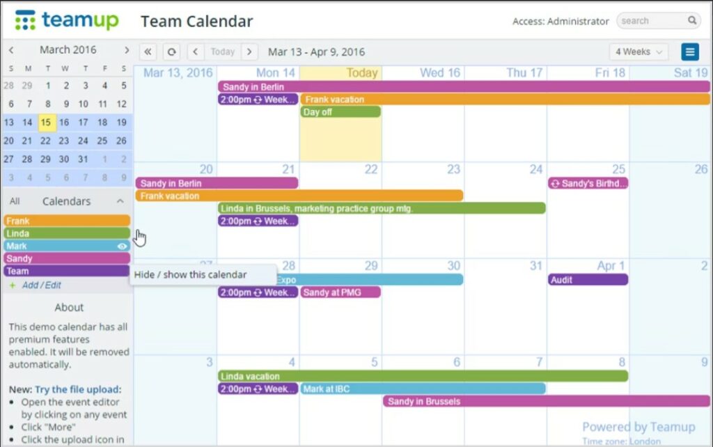 Teamup shared calendar tool for managing a team’s schedule