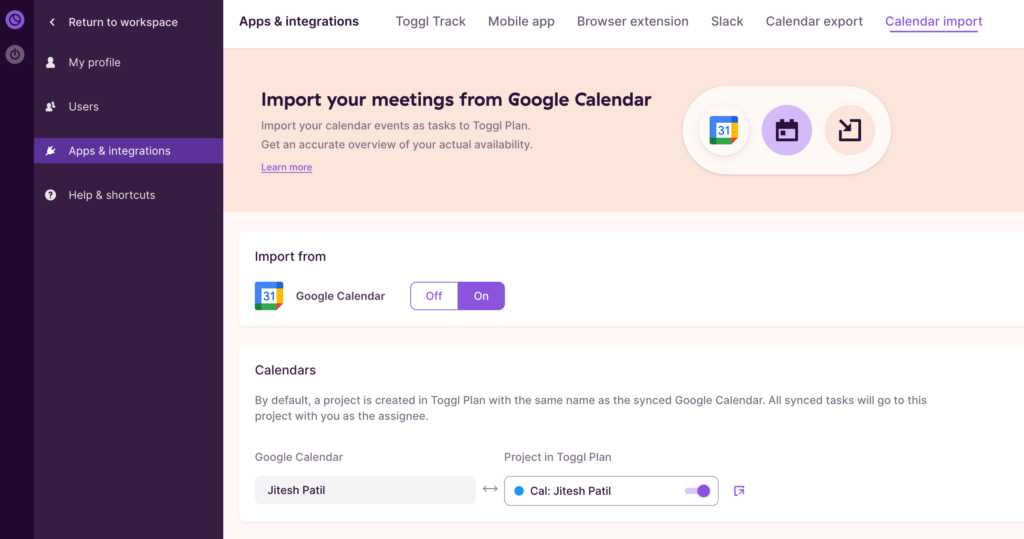 Google Calendar import settings in Toggl Plan