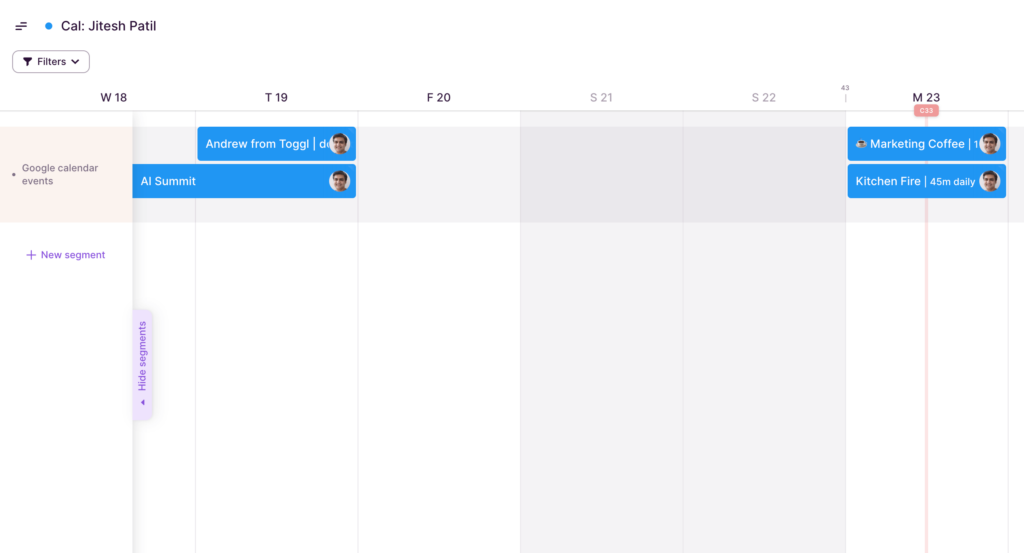 The imported Google Calendar events on a Toggl Plan timeline