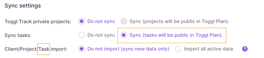 Toggl Track task integration settings