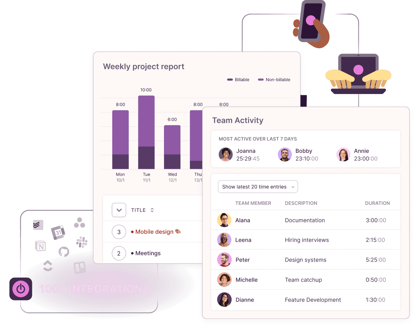 Screenshot of the Toggl Track reports accompanied by time tracking elements such as mobile and desktop app, and over 100+ integrations with Toggl Track for easier time tracking