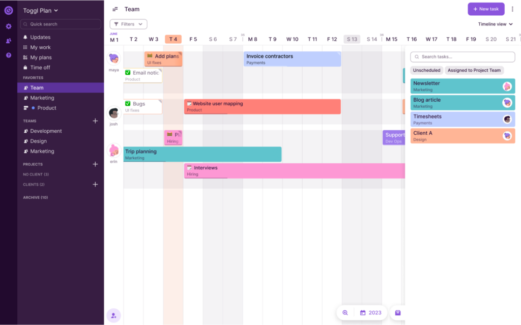 A screenshot of Toggl Plan showing the Team Timeline view which gives a visual overview of the team members' tasks.