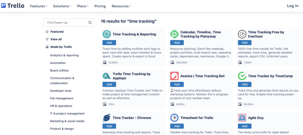 Screenshot of Trello's time tracking power ups page