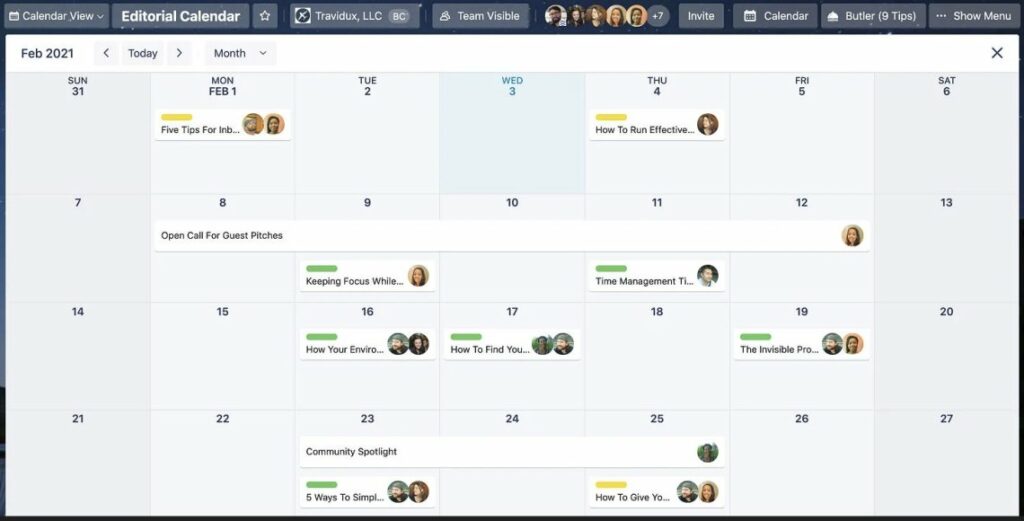 Trello shared calendar tool for managing a team’s schedule
