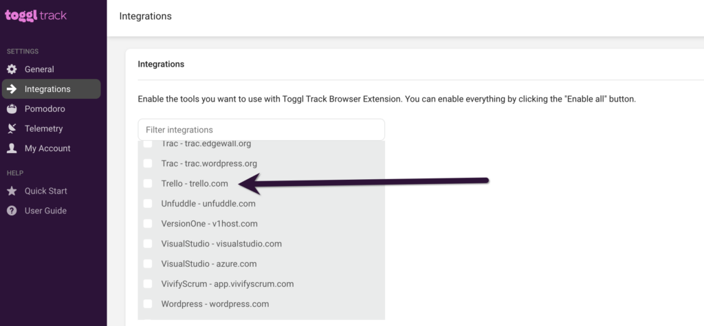 Screenshot of Toggl Track chrome extension settings