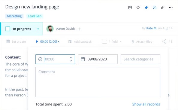 Wrike's inbuilt time tracking feature